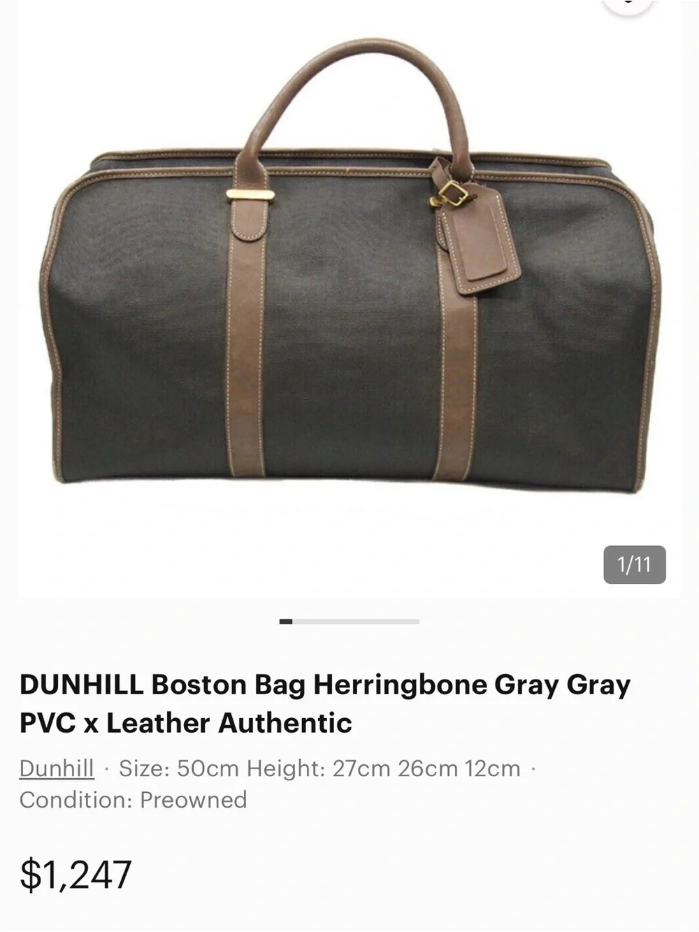 Dunhill Gray Herringbone Duffel with Brown Leather Trim